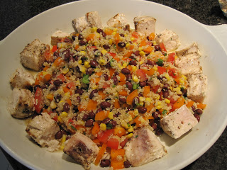 grilled swordfish kebobs with black bean, corn & quinoa salad