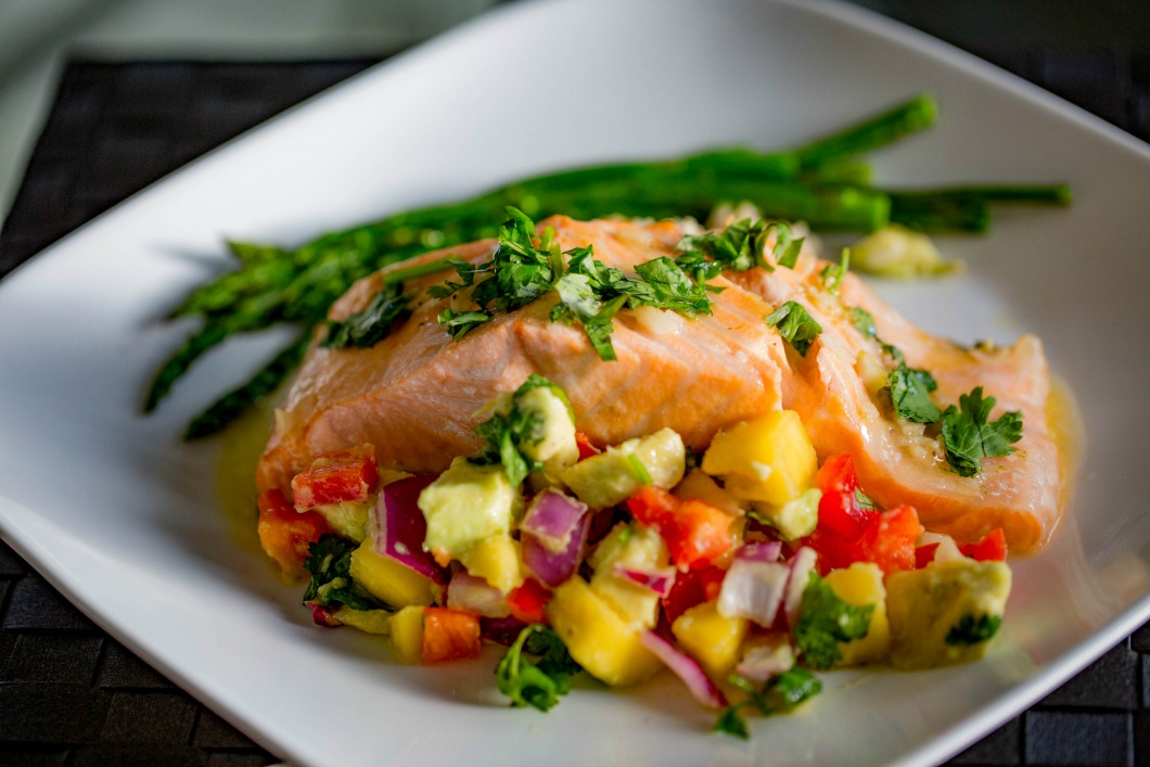 Baked Salmon With Avocado Mango Salsa Over Coconut Lime Rice At Home With Vicki Bensinger