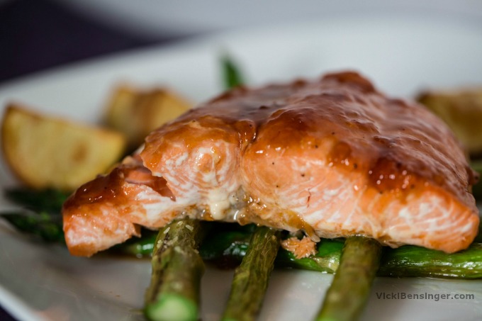 BBQ Glazed Salmon over Roasted Asparagus & Yukon Gold Potatoes