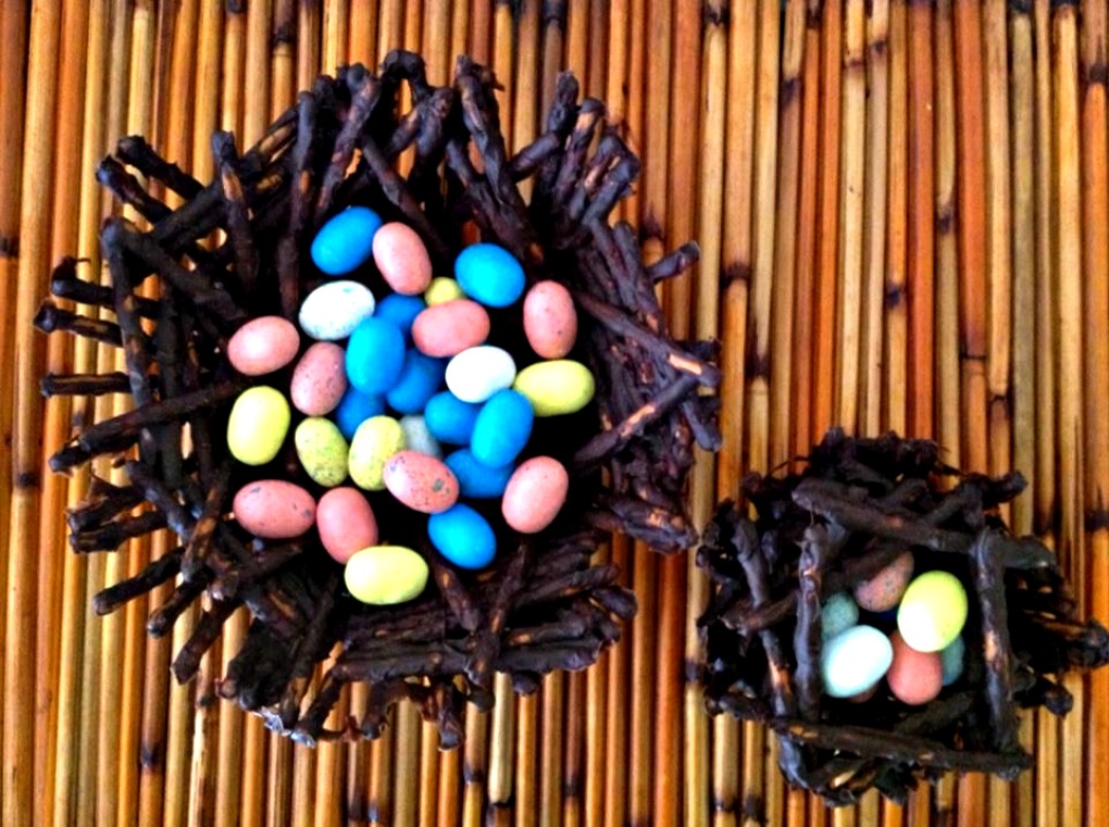 Chocolate Pretzel Easter Basket filled with Pastel Candy Eggs