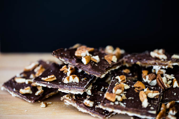 Matzo covered in toffee, chocolate, pecans and sea salt