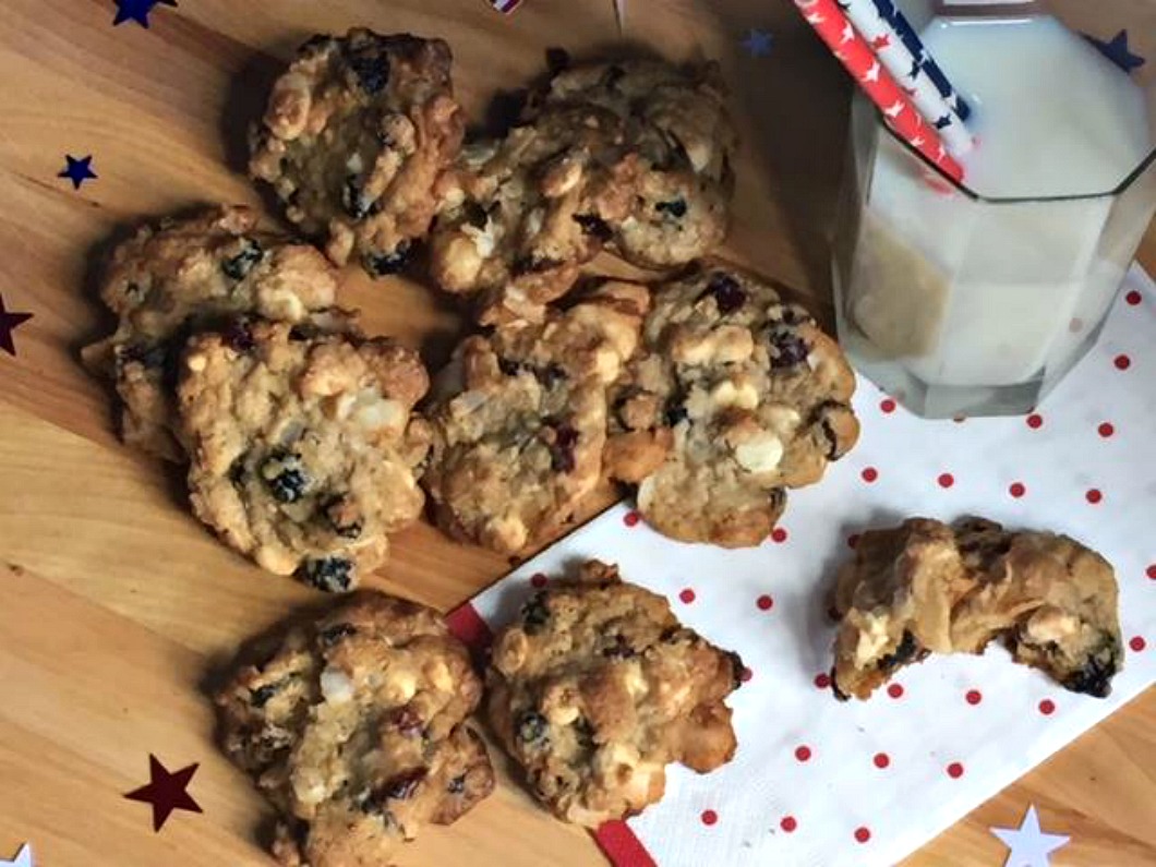 Red, White, & Blue Cookies with Macadamia Nuts, Dried Cranberries, Dried Blueberries, and Coconut Flakes