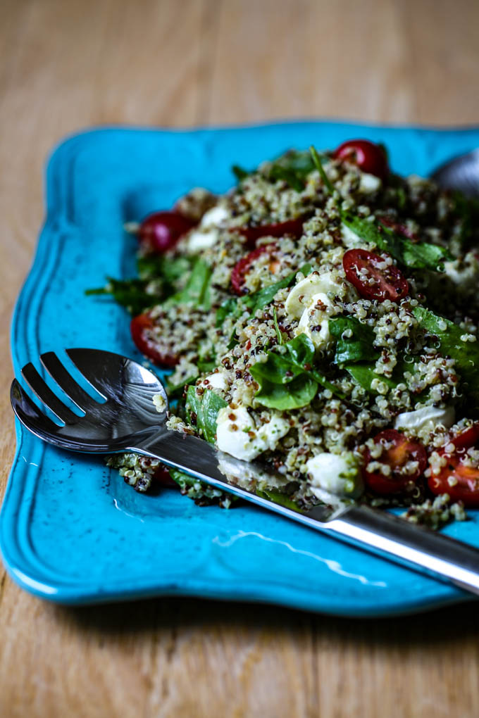 Caprese Quinoa Salad with fresh mozzarella, baby tomatoes, spinach & basil pesto