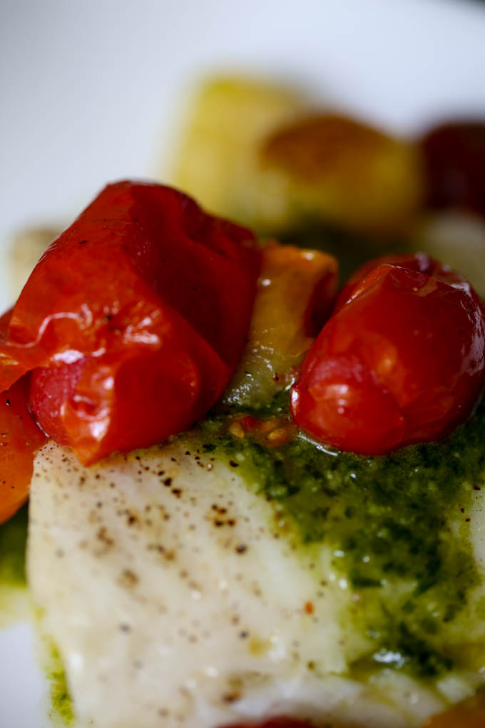 Grilled Sea Bass with Pesto & Roasted Tomatoes