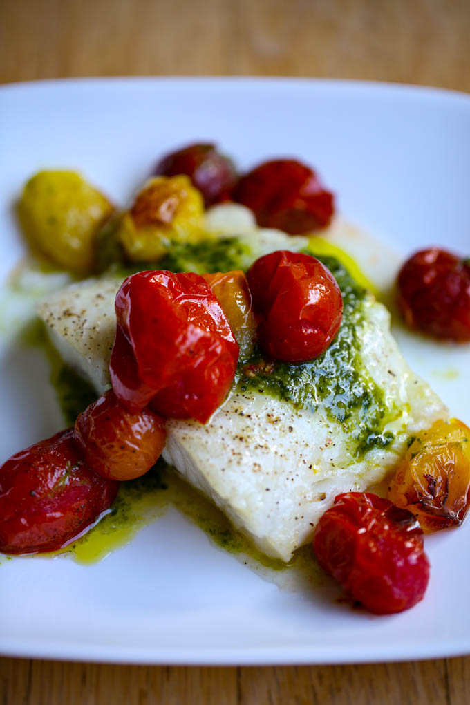 Grilled Sea Bass with Pesto & Roasted Tomatoes