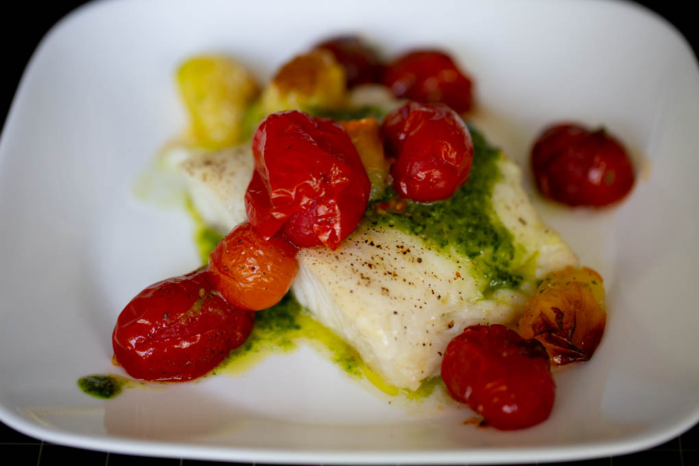 Grilled Sea Bass with Pesto & Roasted Tomatoes-