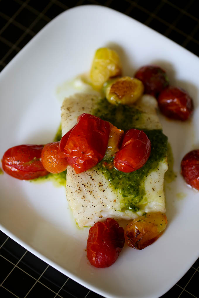 Grilled Sea Bass with Pesto & Roasted Tomatoes-