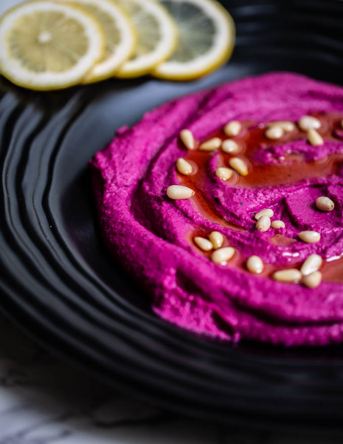 Roasted Beet Hummus with a drizzle of Olive Oil & Pine Nuts