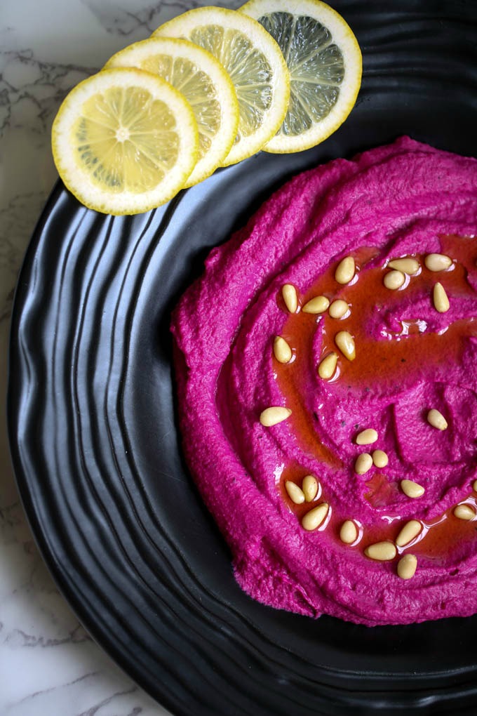 Roasted Beet Hummus with a drizzle of olive oil & pine nuts