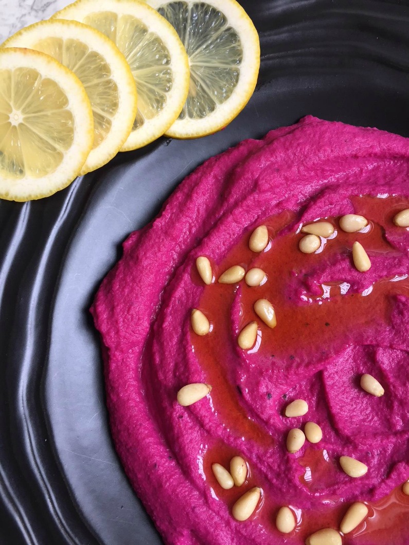 Roasted Beet Hummus with a drizzle of Olive Oil & Pine Nuts