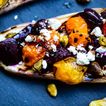 Grilled Eggplant Bruschetta with Roasted Heirloom Tomatoes & Beets, goat cheese & balsamic reduction