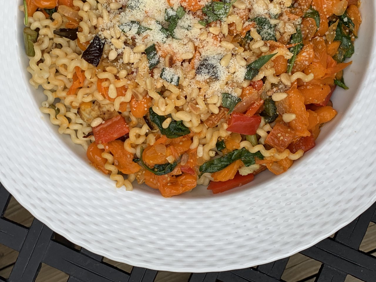 Fusilli pasta with Roasted Vegetables and Yellow Tomato Sauce