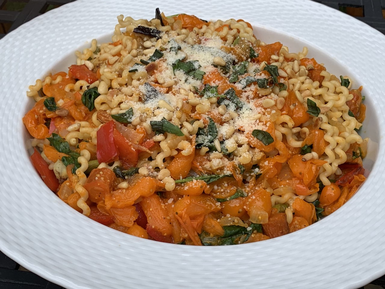 Fusilli Pasta with Roasted Vegetables and Yellow Tomato Sauce