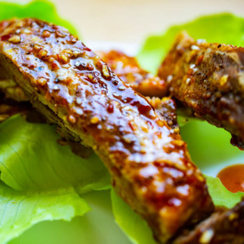 Asian Barbecue Spare Ribs with a sauce of sesame oil, honey, soy, garlic, ginger, and chili paste