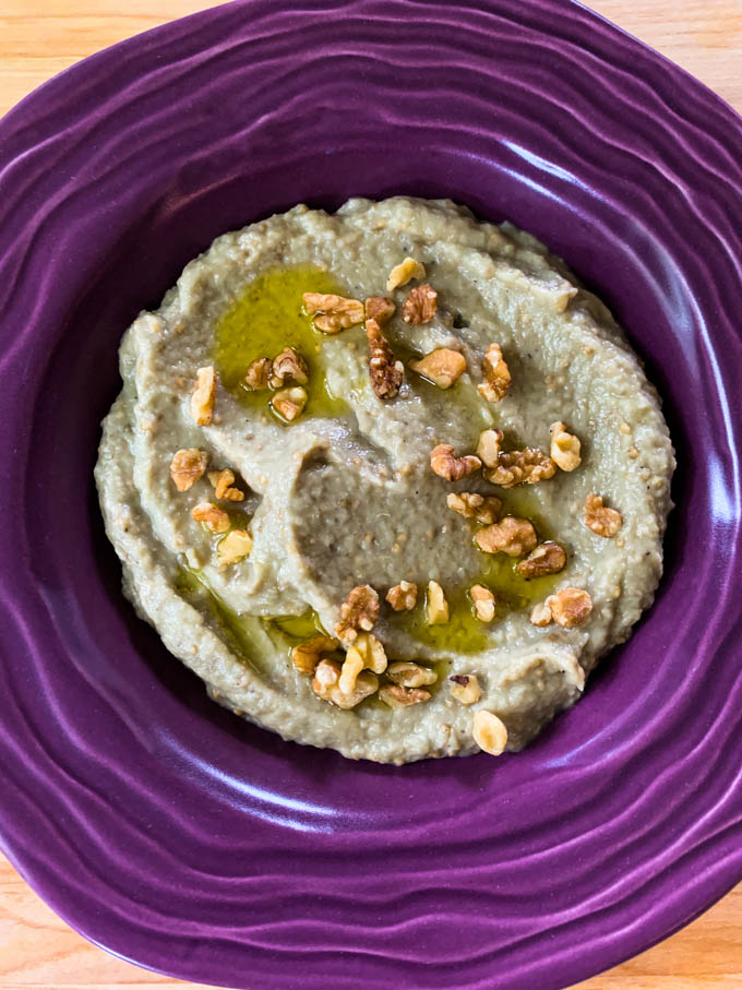Smoky Eggplant Dip with Grilled Eggplant, tahini, spices and herbs