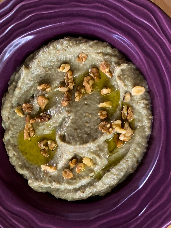 Smoky Eggplant Dip with Grilled Eggplant, tahini, spices and herbs