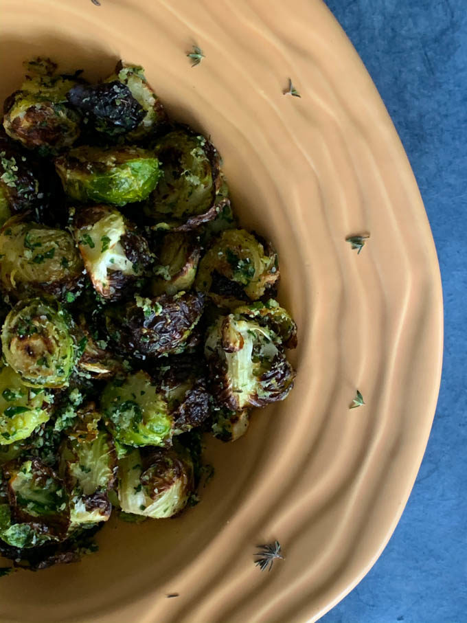 Roasted Brussels Sprouts with lemon zest, thyme, parsley, and pecorinorino