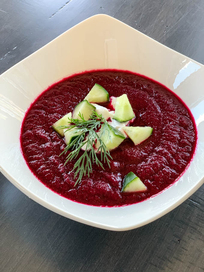 Beet Gazpacho with onions, cucumbers, & dill