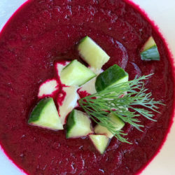 Beet Gazpacho with onions, cucumbers, & dill